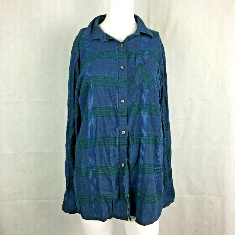 Magellan Shirt Womens M Blue Green Plaid Cotton Flannel Boyfriend Fit‎ Button Up